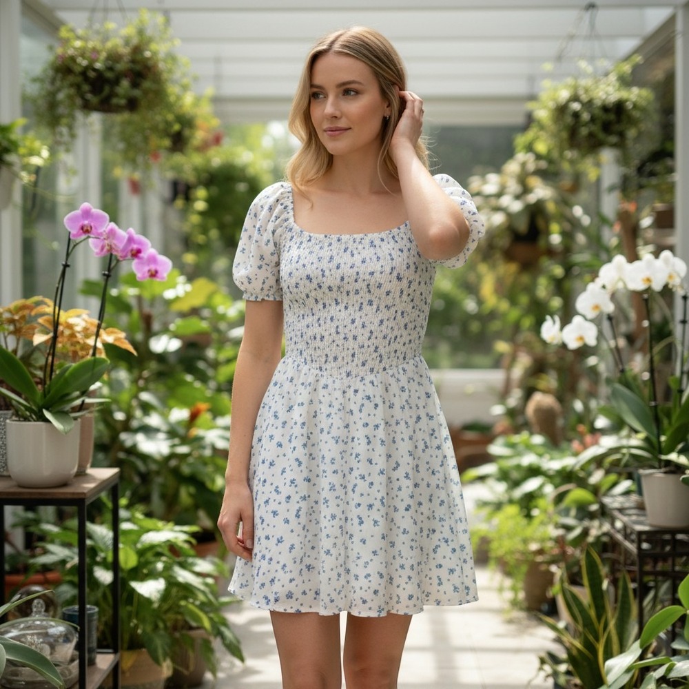 THIRTY/THIRTY LA milkmaid dress women XS white blue floral smocked puff sleeve
